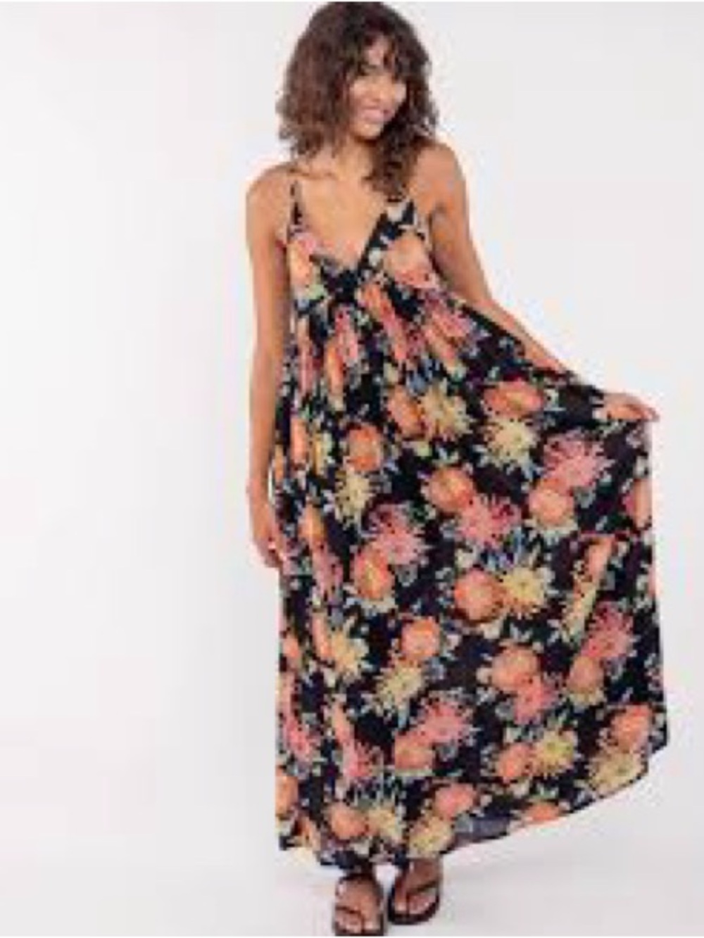 🌺🍂Floral Black Maxi Dress with Orange & Yellow Blooms🍁